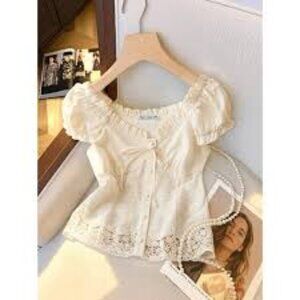 SWEET RUFFLED CONTRAST LACE OFF SHOULDER TOP SZ L